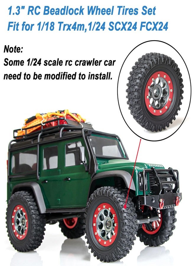 مجموعة من 4 إطارات عجلات Beadlock مقاس 1.3 بوصة، محور عجلة Beadlock من الألومنيوم مقاس 1.3 بوصة وإطارات مطاطية ملونة مقاس 65 مم/2.56 بوصة لسيارات الزحف التي تعمل بالتحكم عن بعد بمقياس 1/18 TRX4M و1/24 SCX24 FCX24 (إطارات سوداء + محور عجلة أحمر). - Image 3